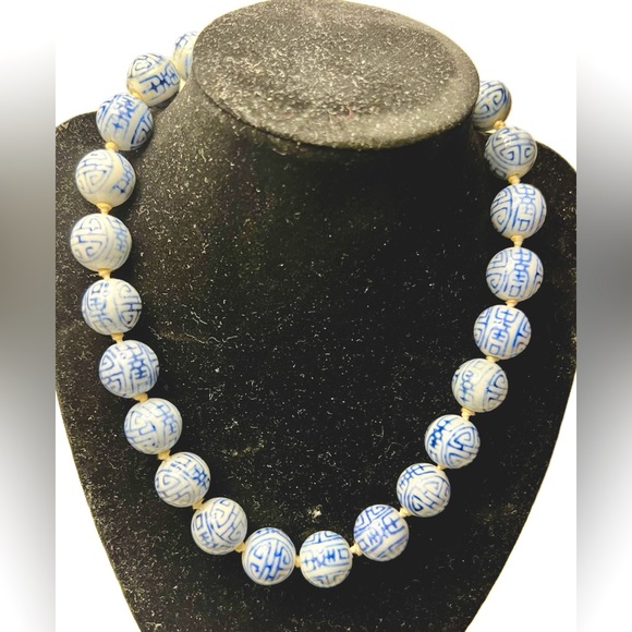 Vintage Jewelry - Chinese Vintage Blue and White Hand Painted Ceramic Bead Necklace w/Silver Clasp